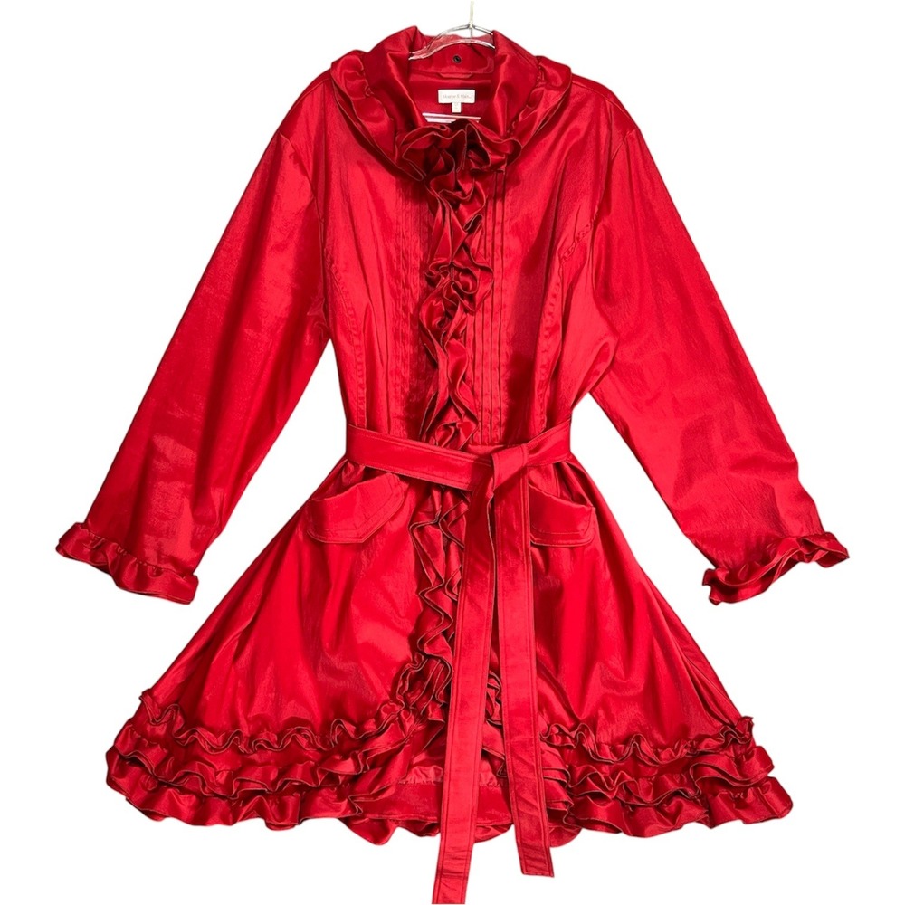 Monroe & Main Red Ruffled Trench Coat Jacket Plus Size 2X Belted Holiday Church